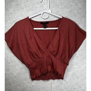 Forever 21 Size S V neck Crop Top Ruched Balloon Sleeve Rust Red Cinched Waist